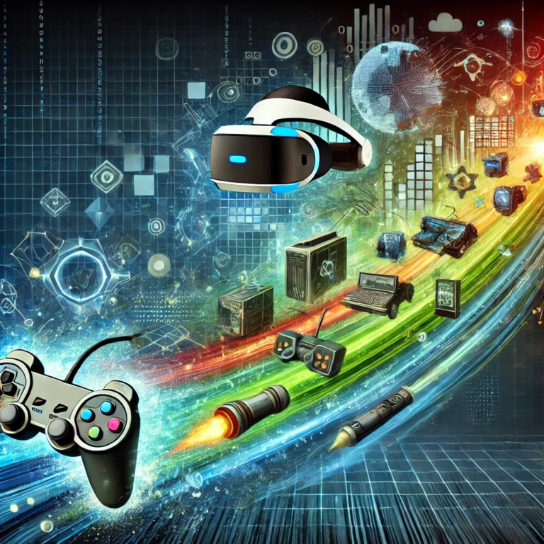 DALL·E 2024-09-30 21.17.49 - A dynamic, futuristic image illustrating the evolution of video gaming technology