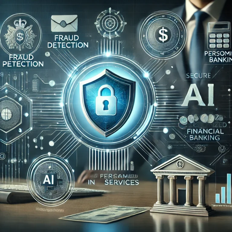 DALL·E 2024-10-03 23.24.44 - A professional and modern feature image illustrating the role of AI in financial services, focusing on fraud detection and personalized banking